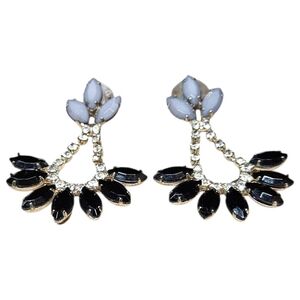 Premiere Designs Statement Earrings Black & White Rhinestone Fan Drop Gold Tone